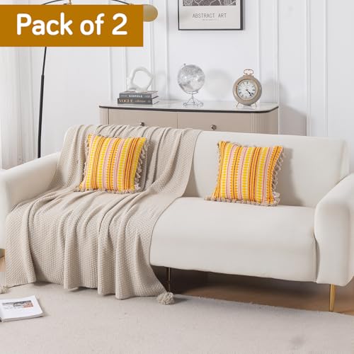 Image of HOKIPO 'Artisan Boho Series' 450 GSM Cushion Cover with Tassels | Cotton Acrylic Jacquard | 16x16 Inch (40x40 cm) | Pack of 2, Mustard Yellow (IN-905-A1*2)