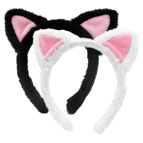 2-Pack Black and White Cat Ears Headbands - Pink Inner Ears Fuzzy Kitten Headwear Hair Accessories for Adults Kids Spa Skin Care Plush Makeup Halloween Cosplay and Animal-Themed Party Supplies