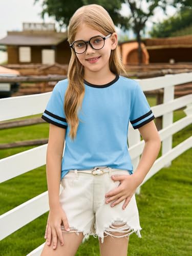 Image of Haloumoning Girls Short Sleeve T Shirts Kids Summer Crewneck Color Block Tops Fashion Tees 5-14 Years