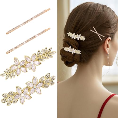 4 pinzas para cabello con cristales, doradas y florales miniatura 1