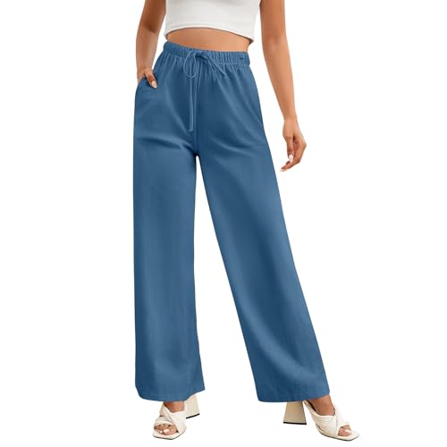 Zilams Pantalon Fluide Femme Été Chic Taille Elastique Pantalon Lin Femme Coton avec Cordon et Poches Linen Pants Women Léger Casual Bleu XL
