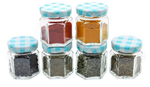 Image of Cute Hexagonal 50 grams Airtight Glass Jar Containers for Honey, Spices & other Kitchen Items with Rust Proof Turquoise Color Caps -Set of 06