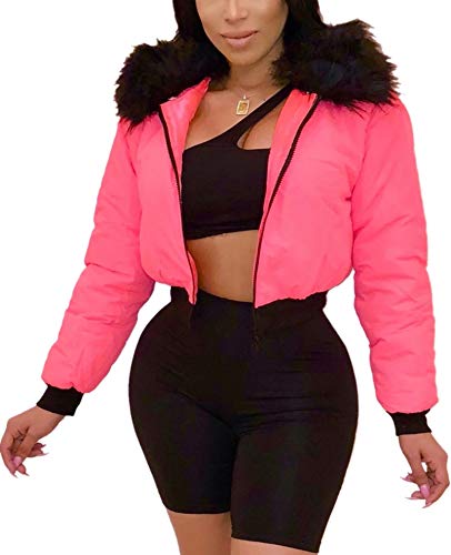 QZUnique Women's Short Down Jacket Zipper Front Puffer Coat Faux Fur Trim Collar Winter Jackets Outerwear