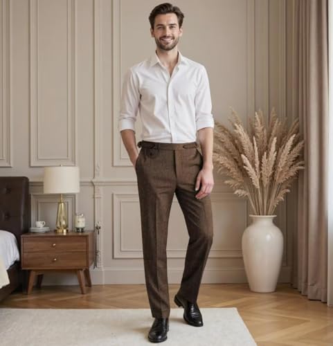 Image of Men's Herringbone Tweed Dress Pants Regular Fit Vintage Wool Trousers