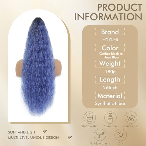 Image of Claw Clip Ponytail Extension 26In Wavy Curly Hair,Ombre Haze Blue