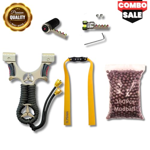 Image of Marksman Alloy Benz Laser Slingshot Outdoor Target Practice Catapult Gulel for Adults || Yellow Rubber Band with 150 Mud Balls