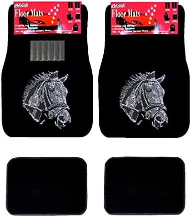 Universal Fit Front/Rear 4-Piece Full Set Horse Crystal Bling Rhinestone Studded Carpet Car SUV Truck Floor Mats (Horse/Black)