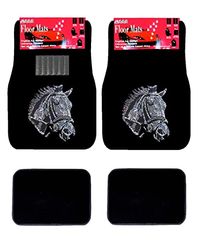 Universal Fit Front/Rear 4-Piece Full Set Horse Crystal Bling Rhinestone Studded Carpet Car Suv Truck Floor Mats (Horse/Black) #TOP3