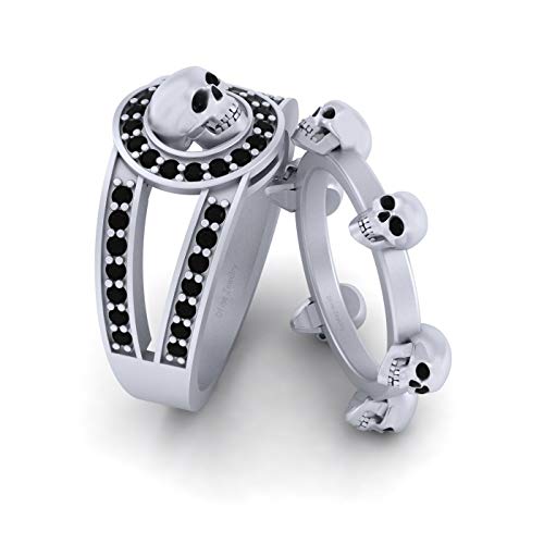 Bague de mariage couple argent 925 tête de mort avec diamants noirs 0.45 ct