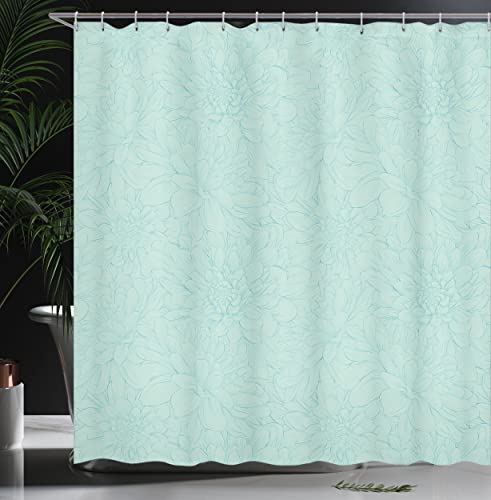 ABAKUHAUS Turquoise Shower Curtain, Dahlia Flowers Bouquet Hand Drawn Style with Brush Strokes Effect Ornamental Art - Image 3