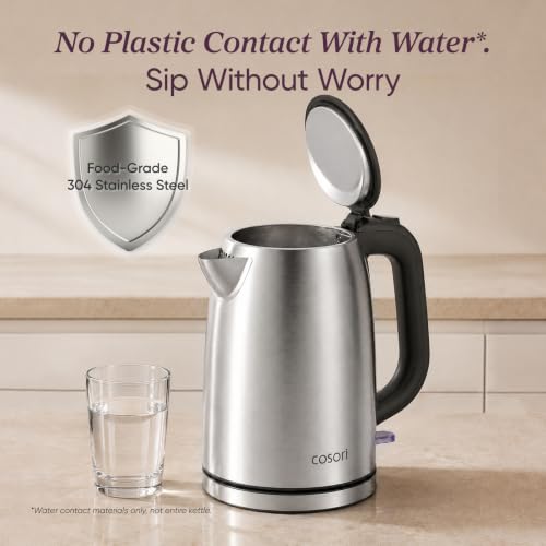 Image of Cosori Stainless Steel Electric Kettle, No Plastic Contact with Water, 1.7L | Easy to Clean, Auto Shut-Off, Boil-Dry Protection, Tea Kettle, Hot Water Boiler, 1500W