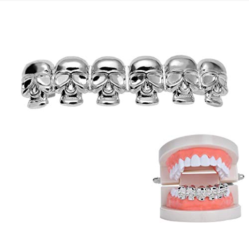 Hip-Hop Teeth Grills Skull Teeth 18K Gold-Plated, Vampire Teeth Shiny Pointed Teeth Grills, Dental Decorative Jewelry, Masquerade Best Gift For Men And Women (Bottom),Silver