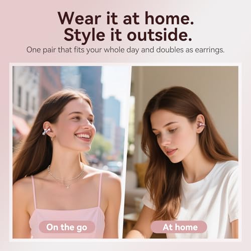 Kinglucky Jewelry-Inspired Clip-On Earbuds with Bow Earrings, Comfortable Fit & 50H Playtime Open Ear Bluetooth 5.4 Wireless Headphones for Women, Small Ears, Sports & Workouts (Pink) — view 5