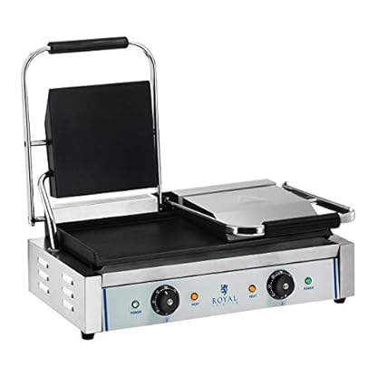 Royal Catering RCKG- 3600-F Doppel Kontaktgrill Sandwichmaker Tischgrill (Glatt, 2 x 1.800W, 300°C, Gusseisen emailliert, Edelstahl, 48,5 x 23,5cm) Silber – Bild 3