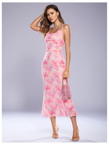 Image of SOLY HUX Women's Floral Mesh Bodycon Cami Dress Cowl Neck Sleeveless Cocktail Party Wedding Guest Long Maxi Dresses