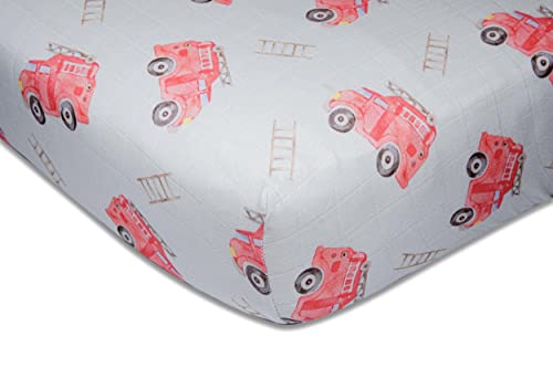 Image of immispace - Ultra Soft Muslin Crib Sheet | 30% Organic Cotton + 70% Rayon | Fit Standard Crib Mattress 52" x 28" | Machine Washable Girls & Boys | Newborns & Infants Gifts (Fire Truck)