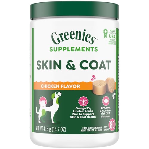Greenies Supplements Dog Skin and Coat Supplements with Fish Oil & Omega 3 Fatty Acids, Chicken Flavor, 14.7 oz. 80-Count