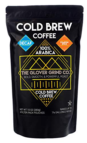 The Glover Grind Co. - 4 Decaffeinated Pumpkin Spice Cold Brew Coffee Packs, 100% Arabica Single Origin Colombian Coffee, Kosher, Makes up to 1.25 Gallons, Less Acidic, Smooth, and Fresh Roast.