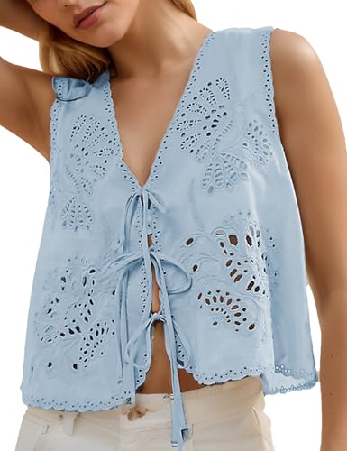 Women Summer Beach Boho Eyelet Embroidered Tie Front Vest Tops Tank People Free Dupes Top Ruffled Chiffon Sleeveless Trendy Fashion Cute 2025 Y2K Tops Clothes