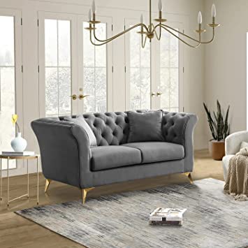 Image of Luxury Velvet 2 Seater Chaise Lounge Sofa - Tufted Chesterfield Modern Couch with Button Tufted Back Elegant Lounge Couch for Living Room, Bedroom, Office