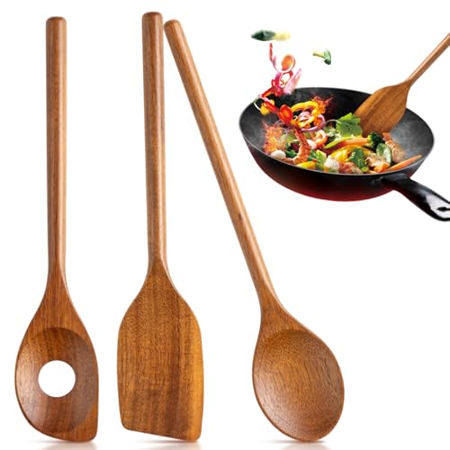 QESSUVNC 3 Stück Kochlöffel Set, 30cm Kochlöffel Holz & Pfannenwender & Risottolöffel, Holzkochlöffel Set Antibakteriell und Langlebig,...