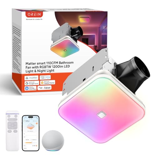 Top 10 Best Exhaust Fans for Bathroom Reviews & Guide 2 OREiN Matter Smart Bathroom Fan with Light, Quiet 110 CFM Exhaust Fan, AI Lighting Creator, 24-Zone DIY Color+ 65 Dynamic Effects, 2700K–6500K, Works with Alexa/Google Home/Apple Home/SmartThings