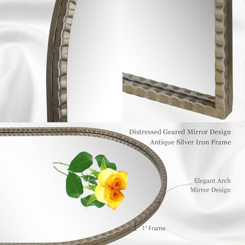 Fobule 24"x36" Antique Silver Arch Mirror - Retro Distressed Geared Metal Frame Farmhouse Wall Mirror for Bathroom, Living Room, Entryway Hall - Thumbnail 3