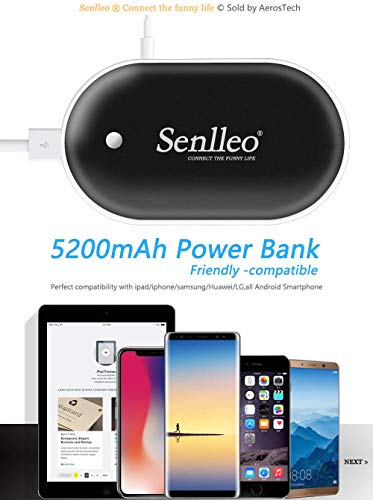 Senlleo Rechargeable Hand Warmer, 5200mAh PowerBank : Larger Capacity and Double-Sided Pocket Warmer Compatible with iPad iPhone Samsung All Android Smartphone, Winter Gift for Men Women(Black)