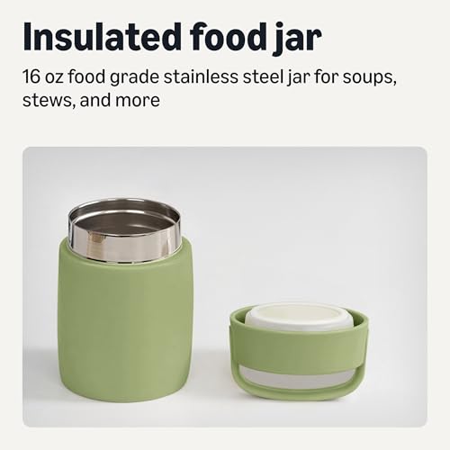 Image of Amazon Basics Insulated Food Jar, Hot and Cold Food Container, Stainless Steel, Leak-proof with Carry Handle, 16 Ounces, Olive