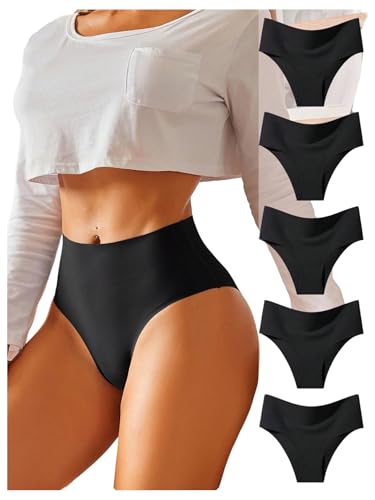 OYOANGLE Women's 5-Pack Seamless Underwear Sexy No Show Panties High Rise Moisture Wicking Breathable Underwear Briefs Black X-Large