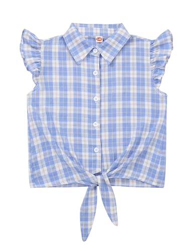 Image of Girls Sleeveless Plaid Button Down Shirt Summer Crop Tops Tie Knot Ruffle Sleeve Shirt Blouse 3-12Y