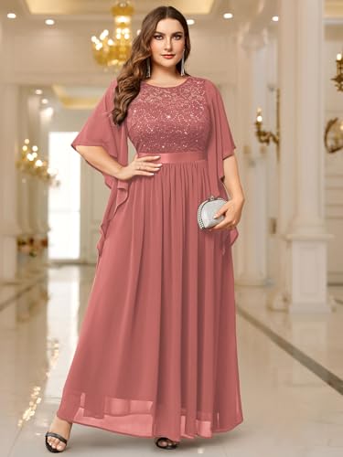 Image of Miusol Women's Plus Size Sequin Lace with Ruffle Cape Cloak Sleeves Elegant Evening Gown Wedding Guest Maxi Dress