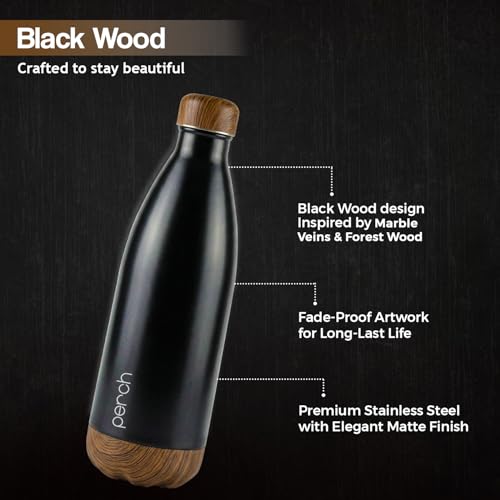 Image of Perch Retro Stainless Steel Water Bottle 980 ml | Hot & Cold Flask | Vacuum Insulated | ISI Certified | Leak Proof | BPA Free | for Office, School, Gym, Home & Travel | Wooden Black | Crafted by Pexpo