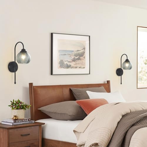 Image of KCO Lighting Smoked Glass Wall Light Large Black Globe Wall Sconce Mid Century Modern Bathroom Vanity Light Fixture Black Long Wall Sconce Farmhouse Hardwire Wall Sconce