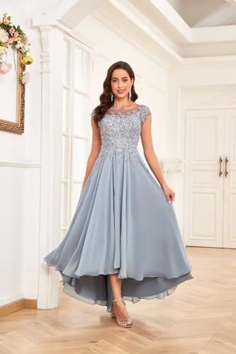 BONOYUER Tea Length Mother of The Bride Dresses for Women Chiffon High Low Formal Wedding Guest Dress with Pockets3