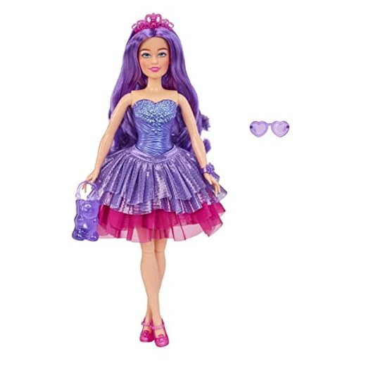 MGA Entertainment Dream Ella Candy Princess Aria, Gummy Bear Candy Scented 11.5" Doll, Scratch 'N Sniff Tag, Gummy Bear Purse, Tiara, Long Purple Hair, Purple & Pink Accessories, Gift for 3-8 Years