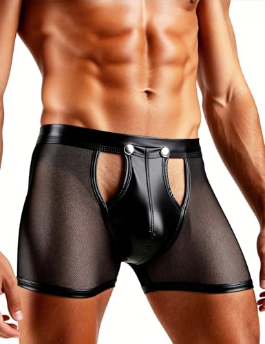 ohmydear Men Sexy Boxer Briefs See Through Mesh Underwear Funny Button Faux Leather Removable Pouch Breathable Underpants Black L