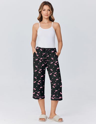 Image of Ekouaer Womens Pajamas Pants Capri Pj Bottoms with Pockets Sleep Pants | Comfy Drawstring Printed Soft Lounge Pants for Home, Daliy Wear