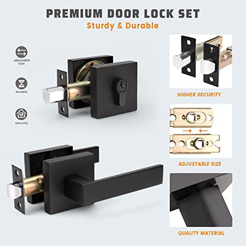 Knobwell 1 Pack Square Heavy Duty Passage Door Lever And Single Cylinder Deadbolt Lock Set, Keyed Alike Lever Door Handle With Deadbolt For Entrance And Front Door, Matte Black Finish #TOP3