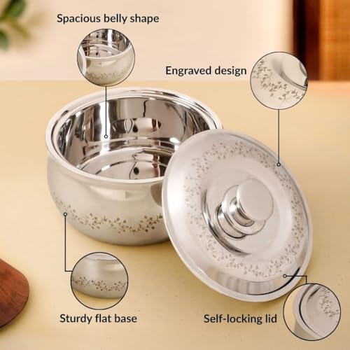 Image of Nestasia Stainless Steel Insulated Casserole with Lid (3000 ml) - 100% Food Safe Roti Server with Floral Pattern - Retains Heat & Freshness | Rust Resistant & BPA - Free Chapati Casserole