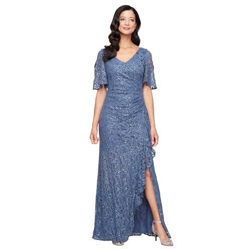Image of Alex Evenings Women's Long Stretch Lace and Sequin Mother of The Bride Dress with Cold Shoulder Flutter Sleeves