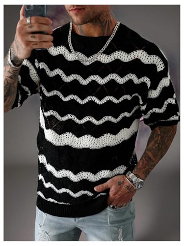 Verdusa Men's Striped Hollow Out Pullover Sweaters Sheer Half Sleeve Round Neck Knit Tops2