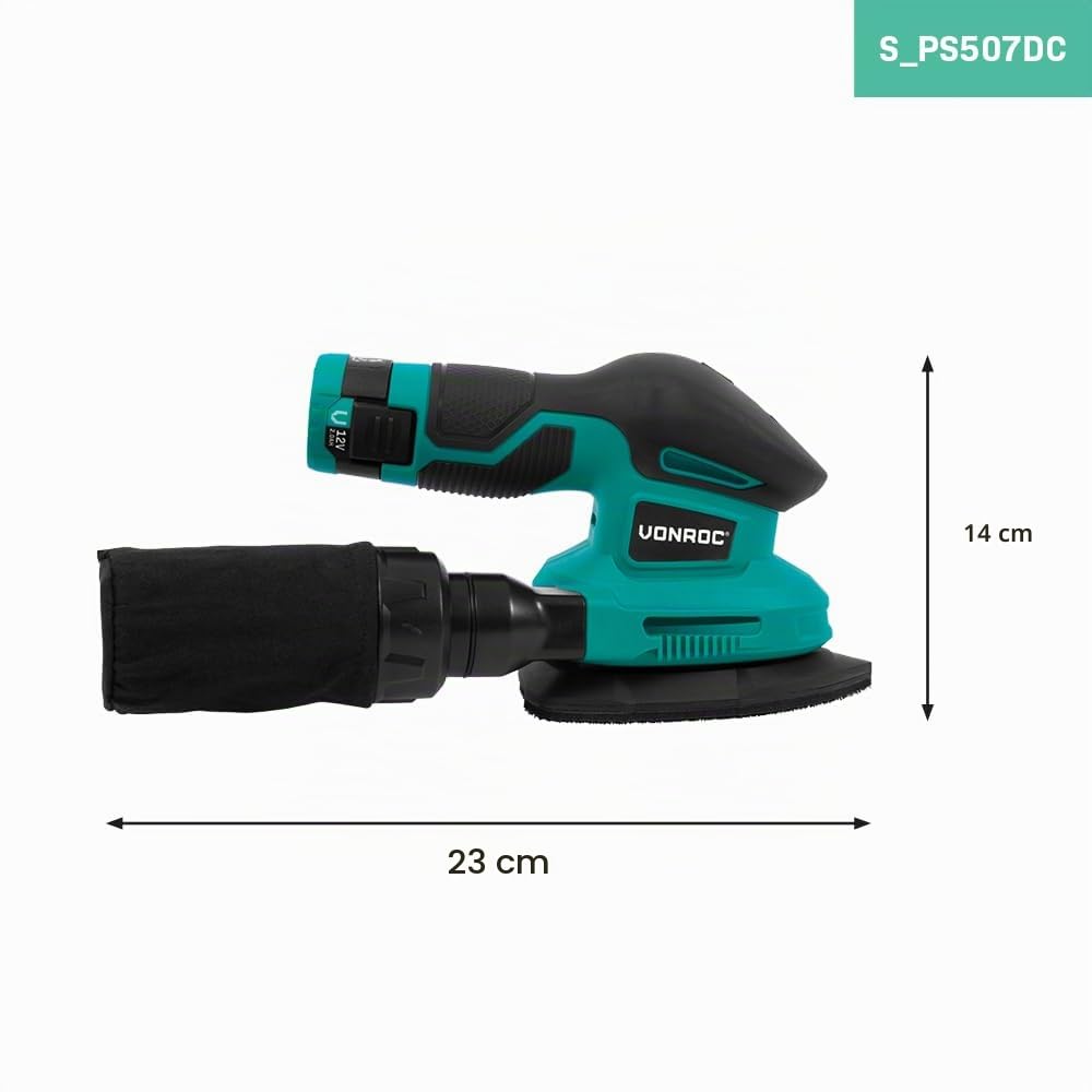 VONROC Ponceuse Delta 12V Verte – Compacte & Ergonomique pour Coins et Détails – avec Batterie 2.0Ah, USB-C, Sac à Poussière et Abrasifs – Ponçage Bois, Peinture, Meubles