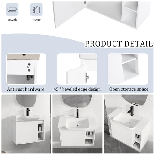 Image of 28 inch Bathroom Vanity with Ceramic Sink, Modern Wall-Mounted Bathroom Vanity with Soft-Close Door & 2 Open Storage Shelves, Farmhouse, Undermount Storage Cabinet, Easy to Clean, Glossy White