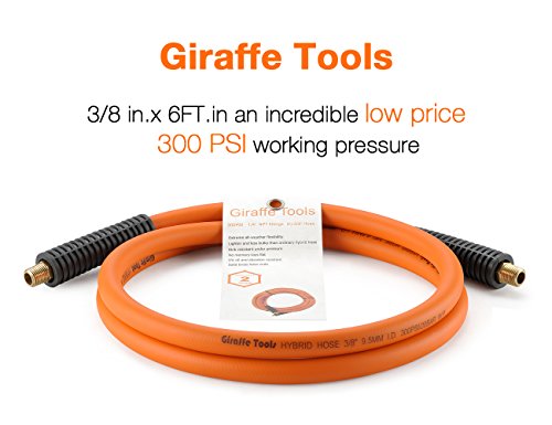 Giraffe Tools Hybrid Lead-In Air Hose, 3/8 Inch X 6 Ft, 1/4 In. Mnpt Fittings, 300 Psi Heavy Duty, Lightweight Air Compressor Hose Short #TOP1
