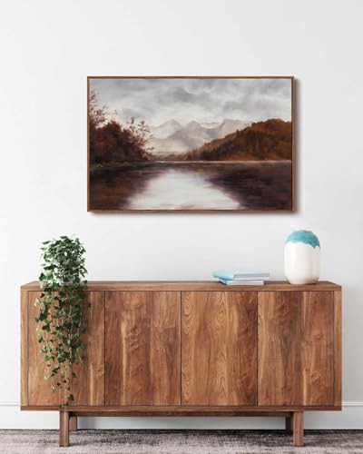 Image of KISSFOX Vintage Fall Countryside Framed Wall Art Autumn Lake Mountain Forest Landscape Canvas Art Farmhouse Nature Paintings Artwork Rustic Serene Art Prints For Kitchen Living room Bedroom