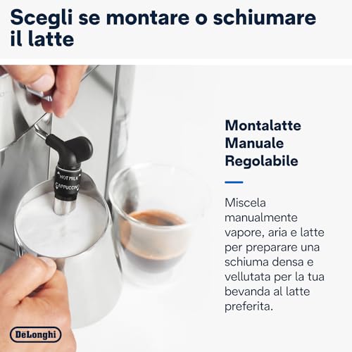 De'Longhi Dedica EC685.M Macchina Caffè Espresso Manuale, Caffè Polvere o Cialde E.S.E., Montalatte classico per Cappuccini, Spegnimento Automatico, Serbatoio 1L, Filtro Singolo/Doppio, Metal - immagine 5