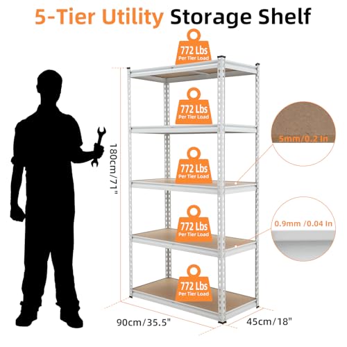 GarveeHome Garage Storage Shelves, 5-Tier Utility Shelves, Adjustable Storage Shelves, Industrial Shelving, Load 3860 Lbs Heavy Duty Storage Shelves for Garage Kitchen Basement Laundry Pantry,White