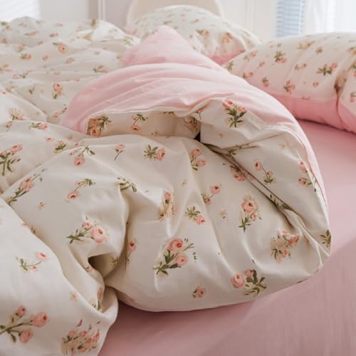Image of Floral Duvet Cover Set Full Size,Pink Floral Flowers Bedding Duvet Cover with Zipper Closure,Reversible Comforter Duvet Cover and 2 Pillowcases