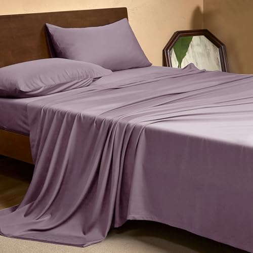 Image of EVERLY Queen Sheets Set,Luxuriously 400 Thread Count Organic Viscose Derived from Bamboo Bed Sheet,Cooling Sheets for Queen Size 4 Piece Deep Pockets Bedding Sheets &Pillowcases-Purple